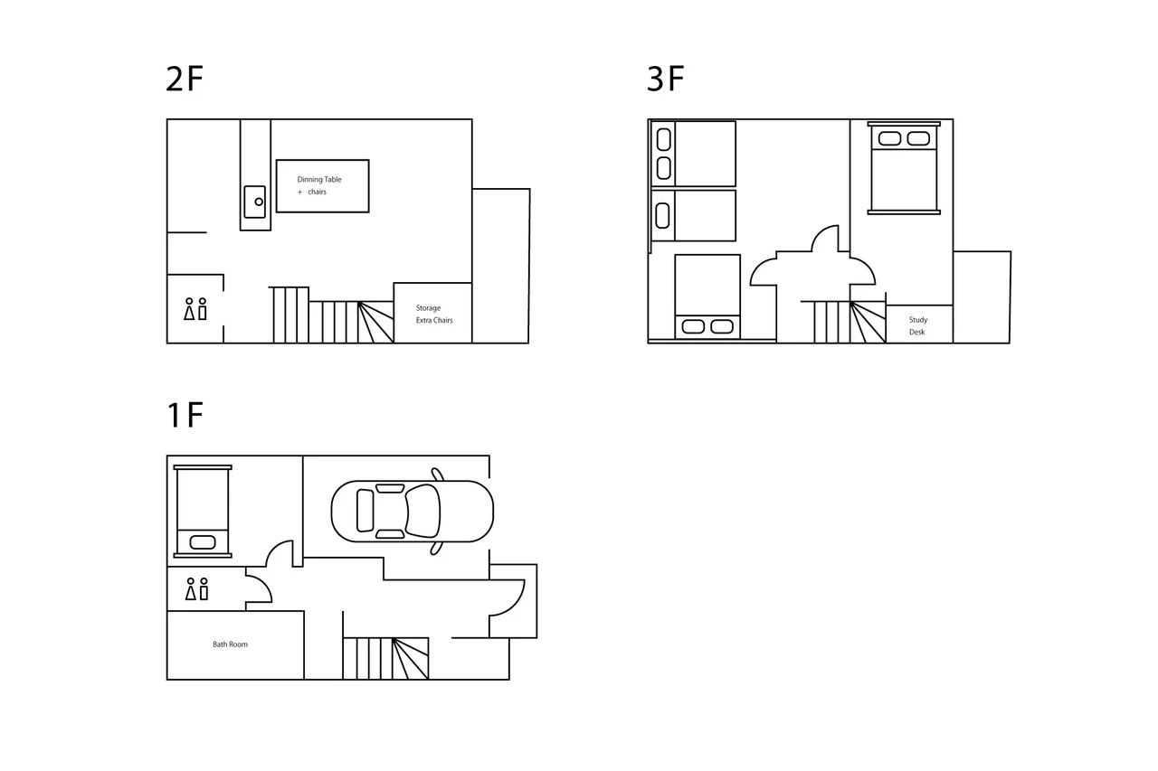 Kiyokawa floor plan – 1F bathroom & garage, 2F living dining kitchen, 3F bedrooms & balcony